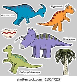 Set of stickers stylized dinosaurs, shell and tree