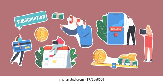 Set of Stickers Subscription Business Model Theme. Tiny Characters with Huge Bank Card, Smartphone with Subscribe Button, Man Work on Laptop Sitting on Calendar. Cartoon People Vector Illustration