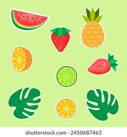 Set of stickers from summer fruits. It contains a red watermelon and strawberry, orange color pineapple and oranges, lemon, citrus. There are also green tropical leaves. 