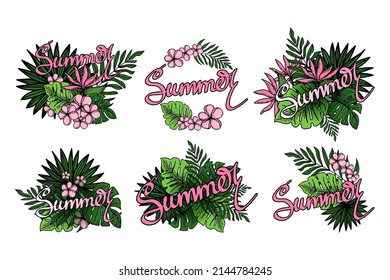 Set of stickers with summer lettering, palm leaf posters, jungle leaf, exotic flowers and handwriting. Vector made by hand in doodle style. Floral tropical summer background. Vector illustration.