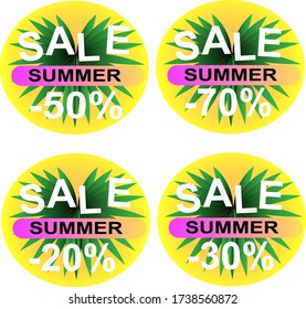 Set of stickers summer sale, discounts. Bright design with palm leaves. Vector