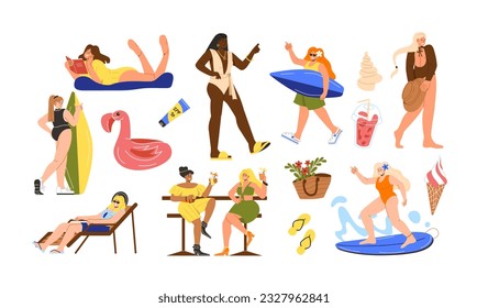 Set of stickers for summer time. Women in swimsuits with ice cream, cocktails and surfboards. Active lifestyle and extreme sports. Cartoon flat vector collection isolated on white background