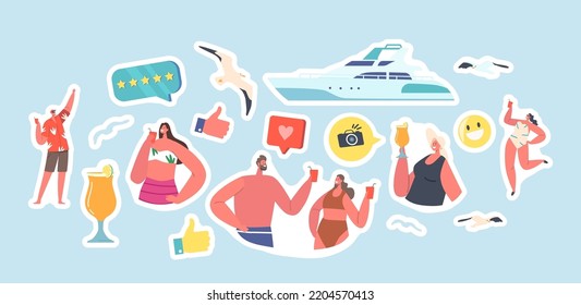 Juego de Stickers Summertime Vacation Cruise. Jóvenes relajantes, yate de lujo. Personajes felices, hombres y mujeres, descansan en el mar, beben, bailan y toman el sol en el baño. Ilustración del vector de dibujos animados