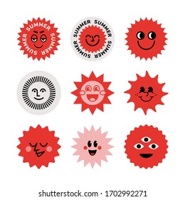 A Set Of Stickers. The Sun, Logo, Smile Face, Good Mood. Brutalism, Modern Design. The Style Of The 80s.