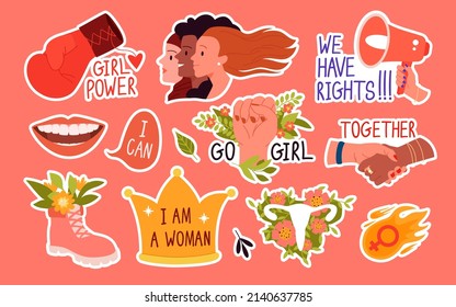 Set of stickers supporting feminism ideology. Women empowerment, rights and work opportunities equality, social integration and human empathy cartoon vector illustration