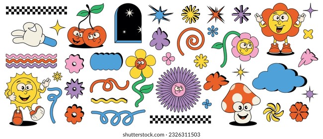  A set of stickers with a surreal psychedelic cartoon. Cartoon flowers, sun, cloud, stars, window. Groovy summer retro illustration. Vector illustration.