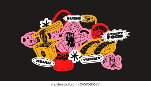 Set stickers sushi asian food. Retro cartoon patches, tags, labels. Ramen, noodles, street food, onigiri. Vector geometric set for cafes and restaurants