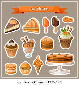 Set of stickers with sweets, cakes, ice cream and cupcakes. Brown background. Vector illustration.