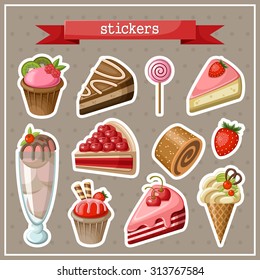 Set of stickers with sweets, cakes, ice cream and cupcakes. Brown background. Vector illustration.