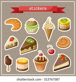 Set of stickers with sweets, cakes, ice cream and cupcakes. Brown background. Vector illustration.