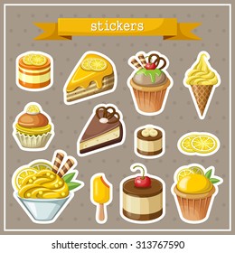 Set of stickers with sweets, cakes, ice cream and cupcakes. Brown background. Vector illustration.