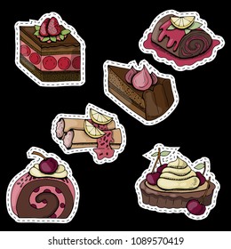 set of stickers with sweets, cakes, pastries, multicolored on black background, sketches, hand drawing, vector illustration