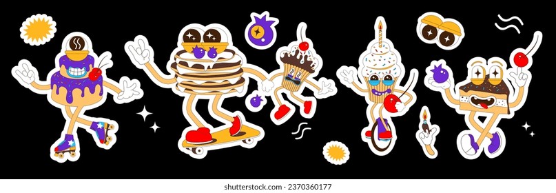 Set of stickers with sweets. Sweets characters in retro cartoon style. Vector illustration of cake, cupcake, piece of cake, pancakes.