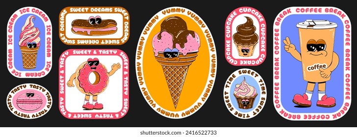 Set of stickers with sweets in retro cartoon style. Vector illustration of donut, ice cream, coffee, cupcake with circle text in the form of retro stickers.