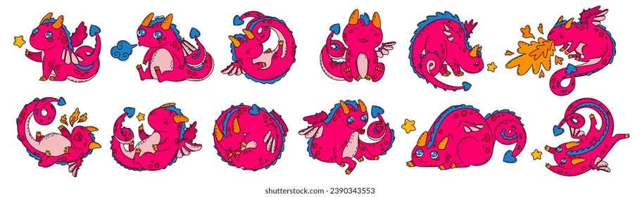 A set of stickers with the symbol of the Chinese Dragon. Children's illustration for decorating notebooks, sketchpad and the surrounding space. Cartoon style. Vector illustration. 