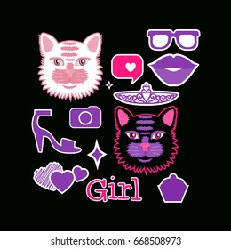 Set stickers symbol girl interests . Cat, glasses, lips, camera, cupcakes, shoes. Vector illustration is isolated on a black background. Modern Bright  design for kids girls. 