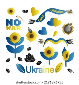 Set of stickers with symbol of Ukraine sunflower. Flowers with patriotic birds and seeds and supporting text. Vector illustration isolated on white background. Flat cartoon style