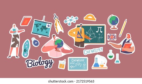 Set of Stickers Teachers Stand at Blackboard. Tutors Teach Biology, Chemistry, Geography, Geometry and English Language. Characters Explain Lesson Isolated Patches. Cartoon People Vector Illustration