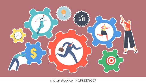 Conjunto de Productividad del Equipo Stickers, Concepto de Eficiencia. Caracteres masculinos y femeninos que mueven un mecanismo de engranajes gigantes. Mujer con altavoz, gente de negocios en CogWheel. Ilustración de vectores de personas de caricatura