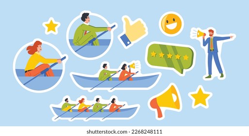 Set of Stickers Teamwork, Unity, Collaboration Of People In Boat Rowing to Goal. Business Characters Working Together To Achieve Success. Leader with Megaphone. Cartoon Vector Illustration, Patches