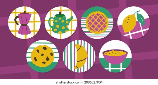 Conjunto de emoticones con tetera, cafetera, tarta, galletas de avena, limón, croissant y avena. Colección de portadas para medios sociales. Ilustraciones vectoriales para blog o sitio web