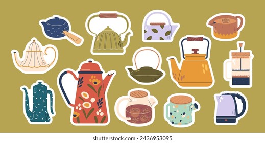 Set Of Stickers Teapots And Kettles. Vintage And Modern Decorative Kitchen Tools, Household Utensils, Ceramic Drinkware