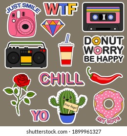 Set of stickers for a teenager. Fashion patches. Comic doodle girl badges, teenage cute cartoon stickers