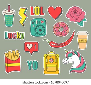 Set of stickers for a teenager. The stickers are made in cartoon style and bright colors. Colorful badges and labels. Vectral illustration
