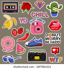 Set of stickers for a teenager. ute cartoons patches food rainbow retro stuff and motivation words doodle icon.