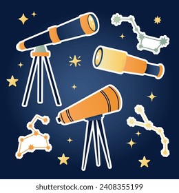 Set of stickers telescopes in flat cartoon style with stars