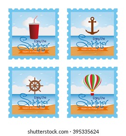 Set of stickers with text and different icons on a white background