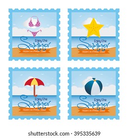 Set of stickers with text and different icons on a white background