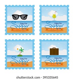 Set of stickers with text and different icons on a white background
