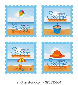 Set of stickers with text and different icons on a white background