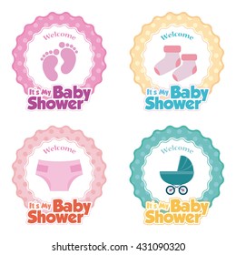 Set of stickers with text and different icons for baby showers