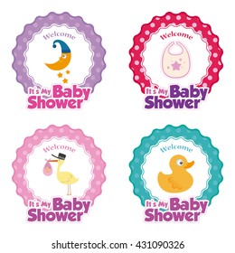 Set of stickers with text and different icons for baby showers