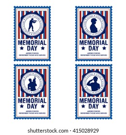 Set of stickers with text and different silhouettes of soldiers