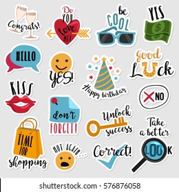 Set of stickers with text and everyday expressions for social media, chat, messages, mobile and web apps, online communication, networking, web design, labels and printed material.