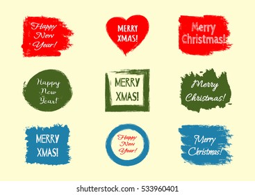 Set of stickers with the text "Happy New Year!", "Merry Christmas!", "Merry Xmas!"  Rough brush smears. Grunge elements.