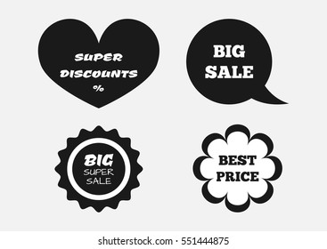 A set of stickers with the text Super Discount, Big Sale, Best Price. Four isolated banner.  White, black.