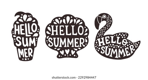 Set of stickers that say hello summer. Hello Summer lettering. Flat vector illustration. Summer clipart.