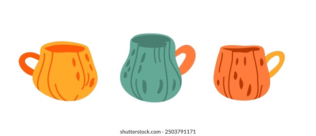 Set of stickers  three pumpkin-shaped mugs. Cinnamon pumpkin latte cup. Cozy flat vector illustration isolated on white background