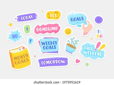 Set of Stickers Today, Deadline, Yes or No and To Do. This Weekend, Tomorrow, Month and Weekly Goals or This Weekend. Smile, Heart and Cup Isolated on White Background. Cartoon Vector Illustration