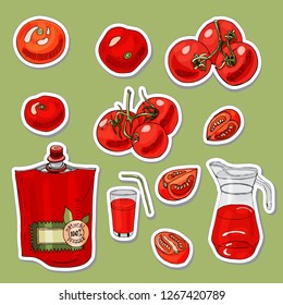 Set of stickers of tomatoes  and different  hand drawn object.Ink and colored sketch  on green background. Vector illustration.