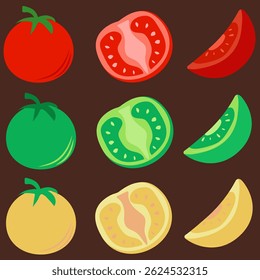 set of stickers tomatoes. Set of illustrations of multi-colored tomatoes whole half and slice. Pictures for stickers. stickers, icons, cooking, covers, posters