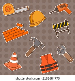 Set of stickers, tools, construction equipment.  Doodle Vector Illustration