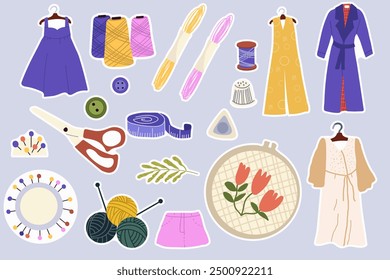 Set stickers of tools for sewing, needlework, knitting. Set with scissors, hoop, bucket, spools, thread, measure, scissors, mannequin, clothes on hangers. Vector illustration is hand drawn.