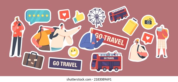 Set of Stickers Tourists Travel on Bus, Characters Visiting Sightseeing, People In Casual Clothes with Backpack, Red Double Decker Vehicle, Suitcase, Ferris Wheel. Cartoon Vector Isolated Patches