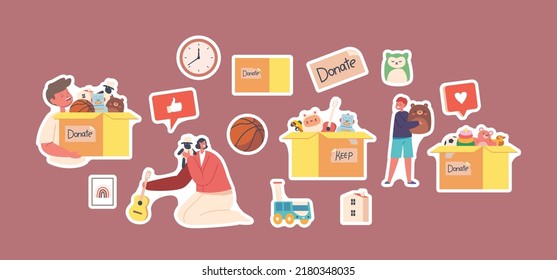 Set of Stickers Toys Donation, Humanitarian Aid and Help to Orphans. Children and Volunteers Characters Sorting Box with Charitable Toys. Happy Kids and Sponsors. Cartoon Vector Isolated Patches