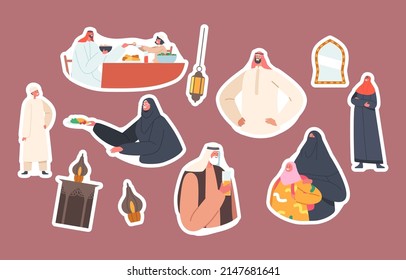 Set of Stickers Traditional Arab Family, Parents and Children Characters. Saudi People Wear National Clothes Muslim Arabian Personages Dining, Dad, Mom, Kid or Grandfather. Cartoon Vector Illustration